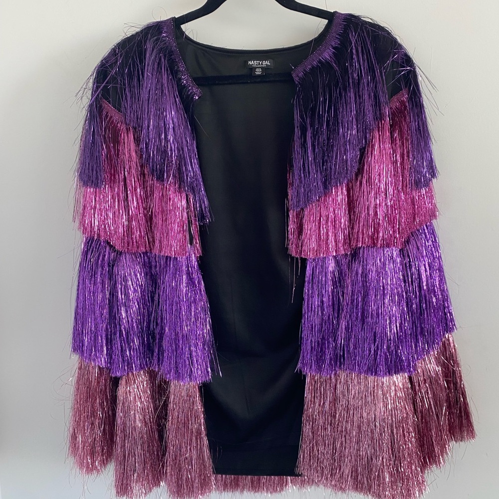 Nasty Gal Metallic Tiered Tinsel Fringe Open Front Jacket